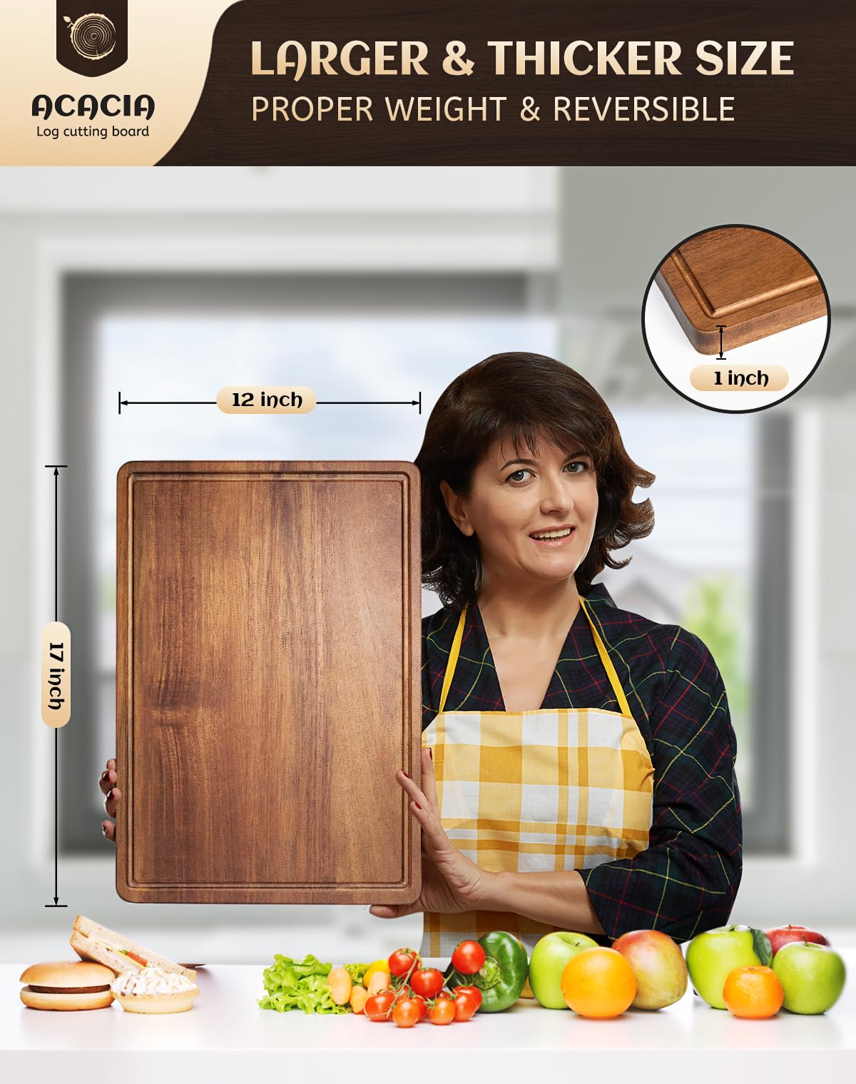 Misawce acacia cutting board wood grain closeup highlights durable surface