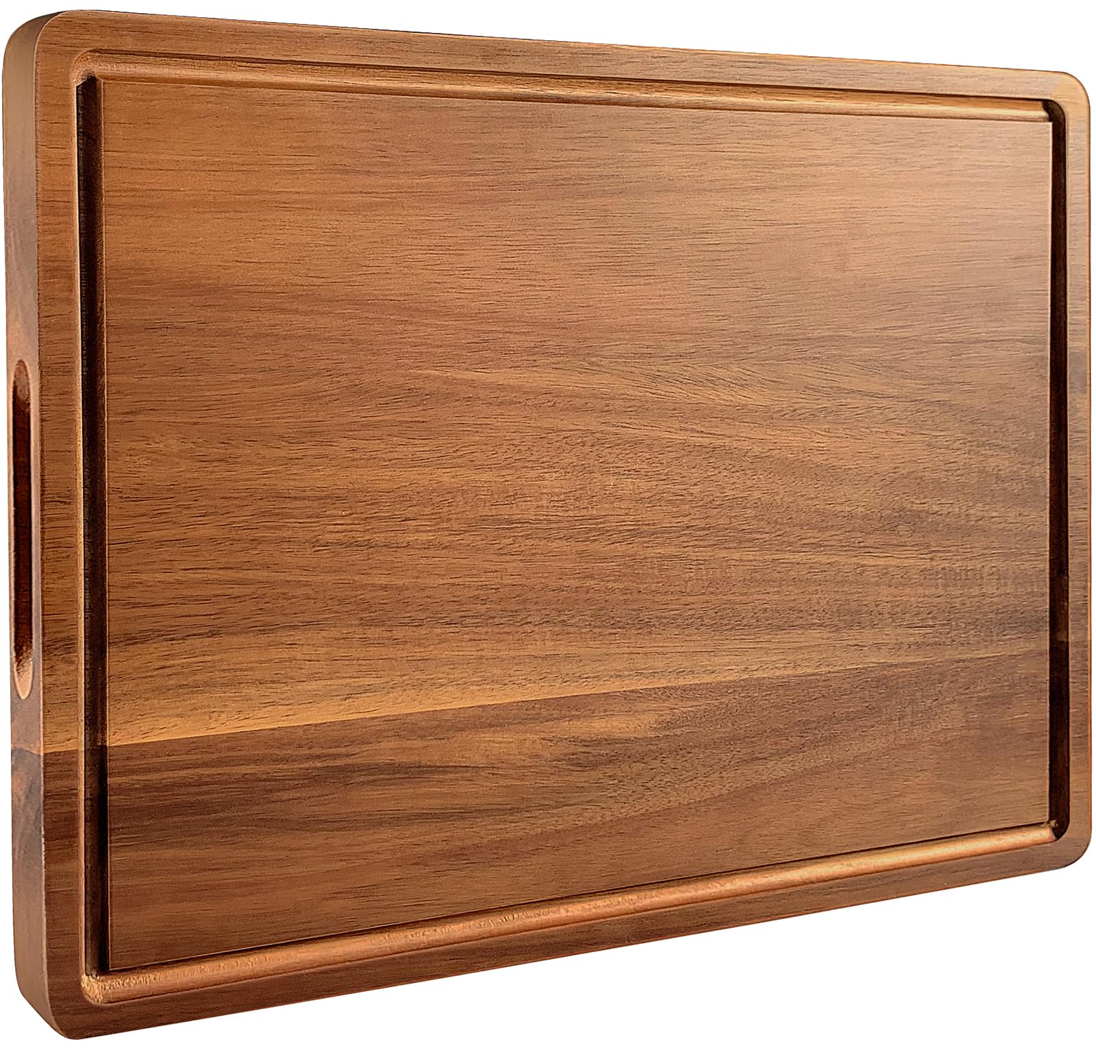 Misawce large acacia cutting board shows juice groove and handle for mess-free slicing