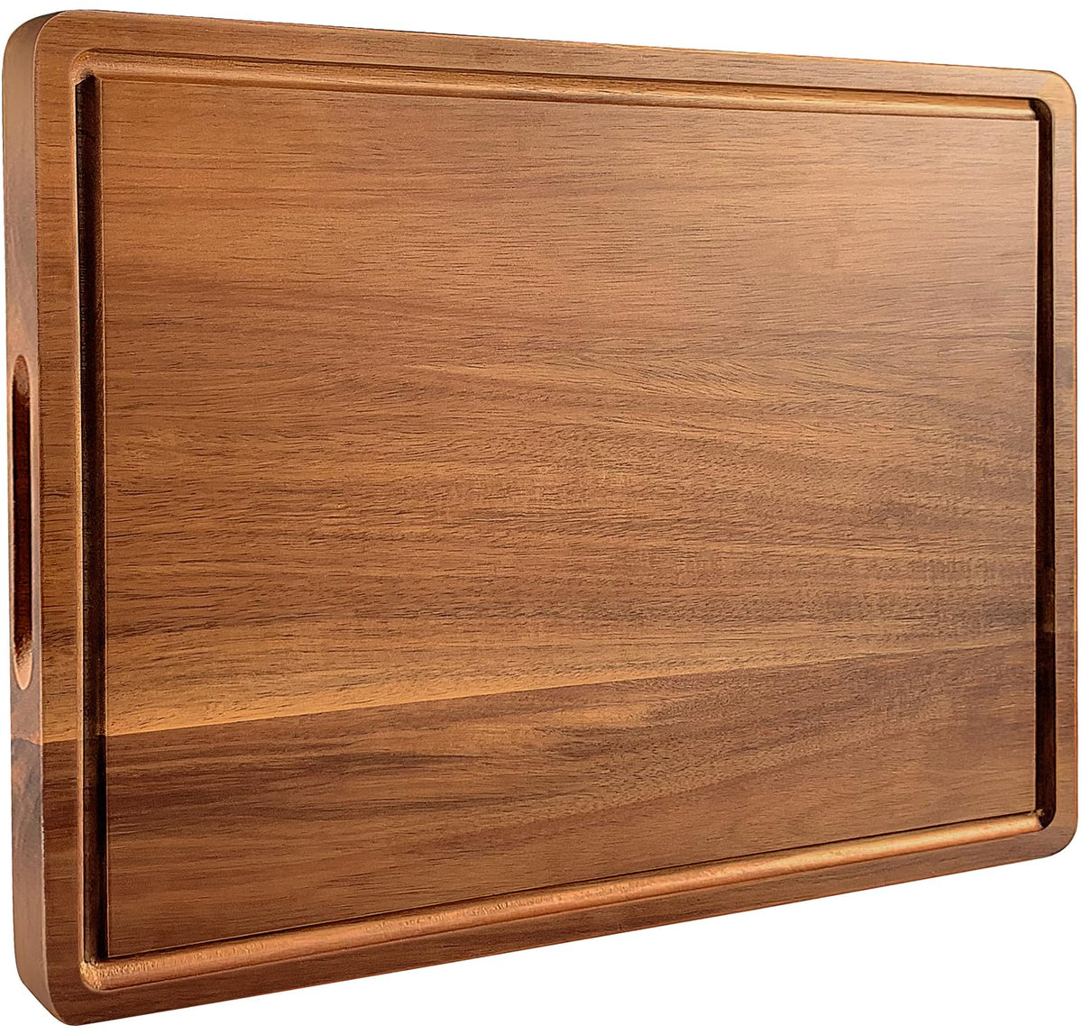 Misawce large acacia cutting board shows juice groove and handle for mess-free slicing