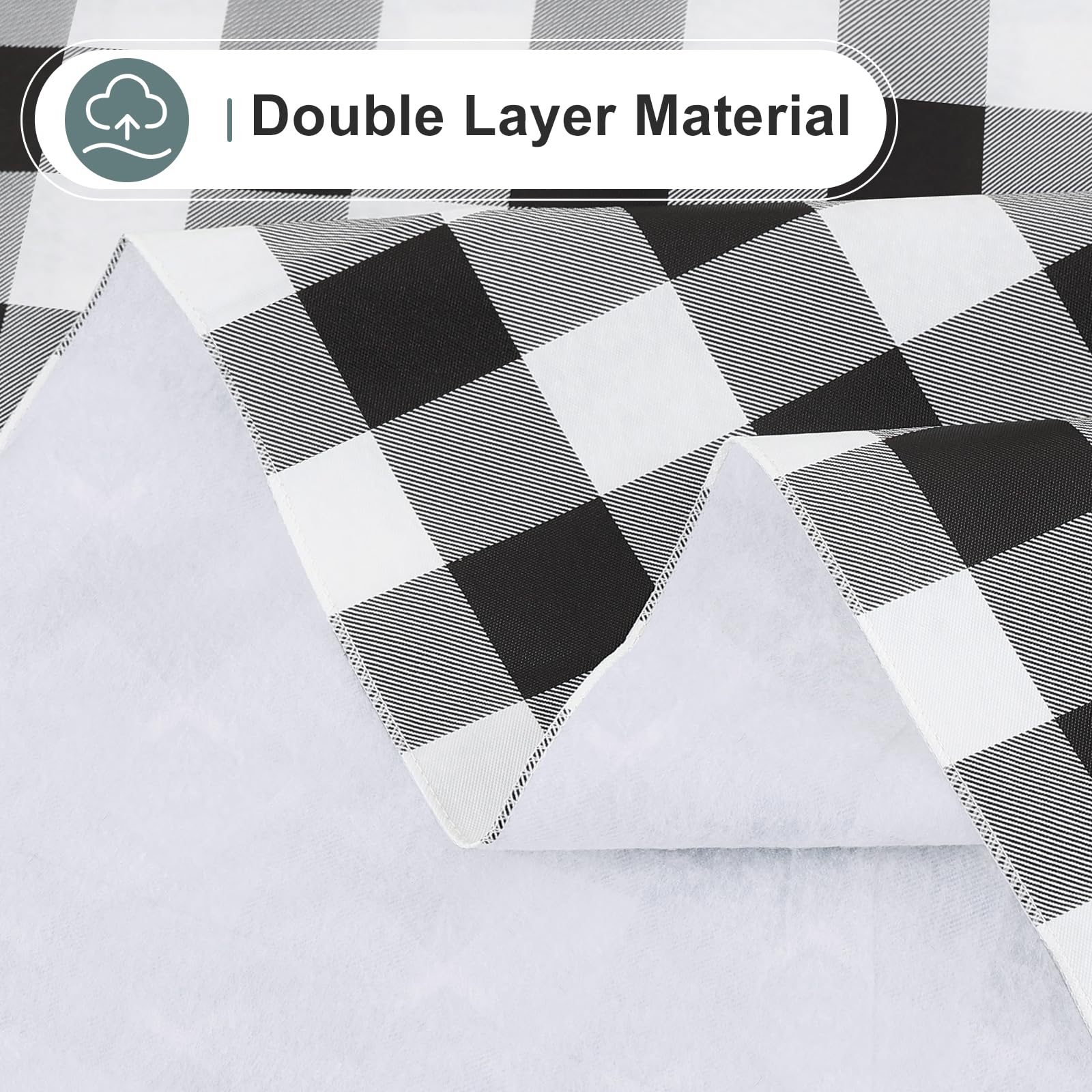 Misaya 54x54 black and white gingham tablecloth for indoor or outdoor use.
