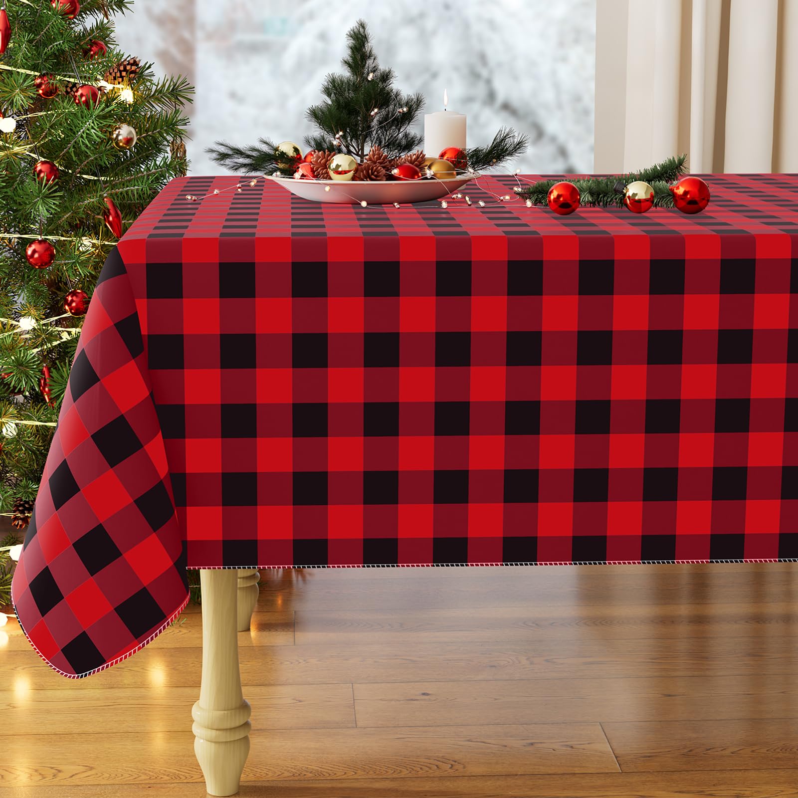 Misaya rectangle Christmas tablecloth in red black buffalo check, waterproof and spill resistant