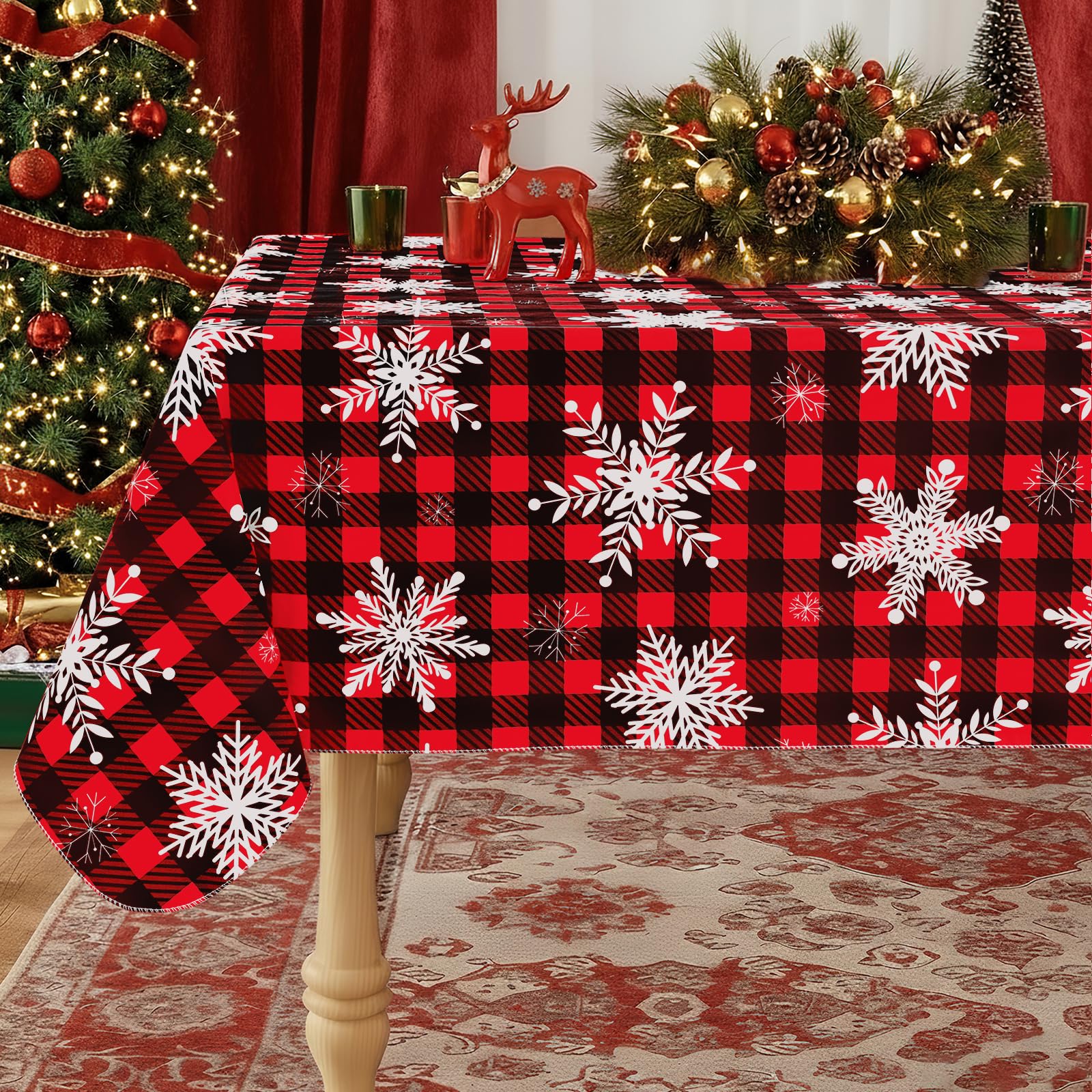 Misaya rectangle tablecloth in red and black provides waterproof vinyl protection for spills.
