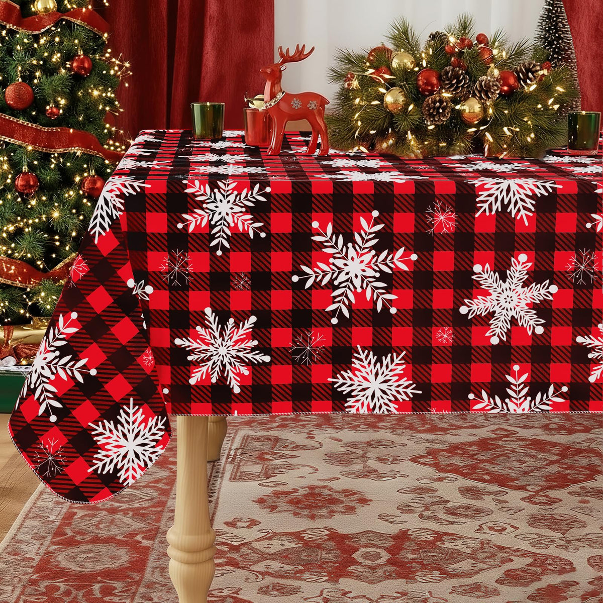 Misaya rectangle tablecloth in red and black provides waterproof vinyl protection for spills.