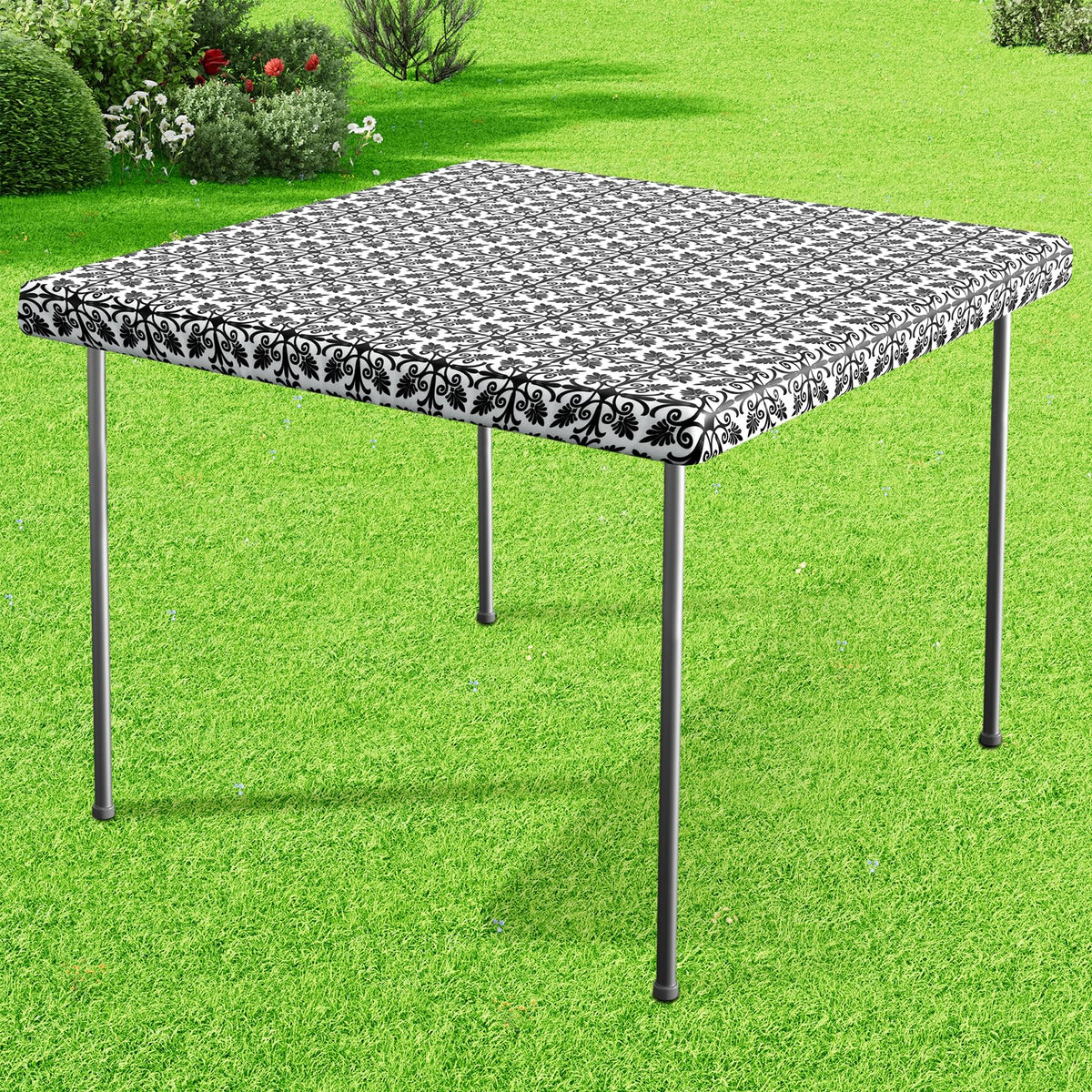 Misaya square vinyl tablecloth with elastic edge for a snug non-slip fit.