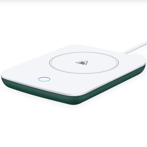 Misby Coffee Warmer green on desk keeps drinks warm throughout the day.