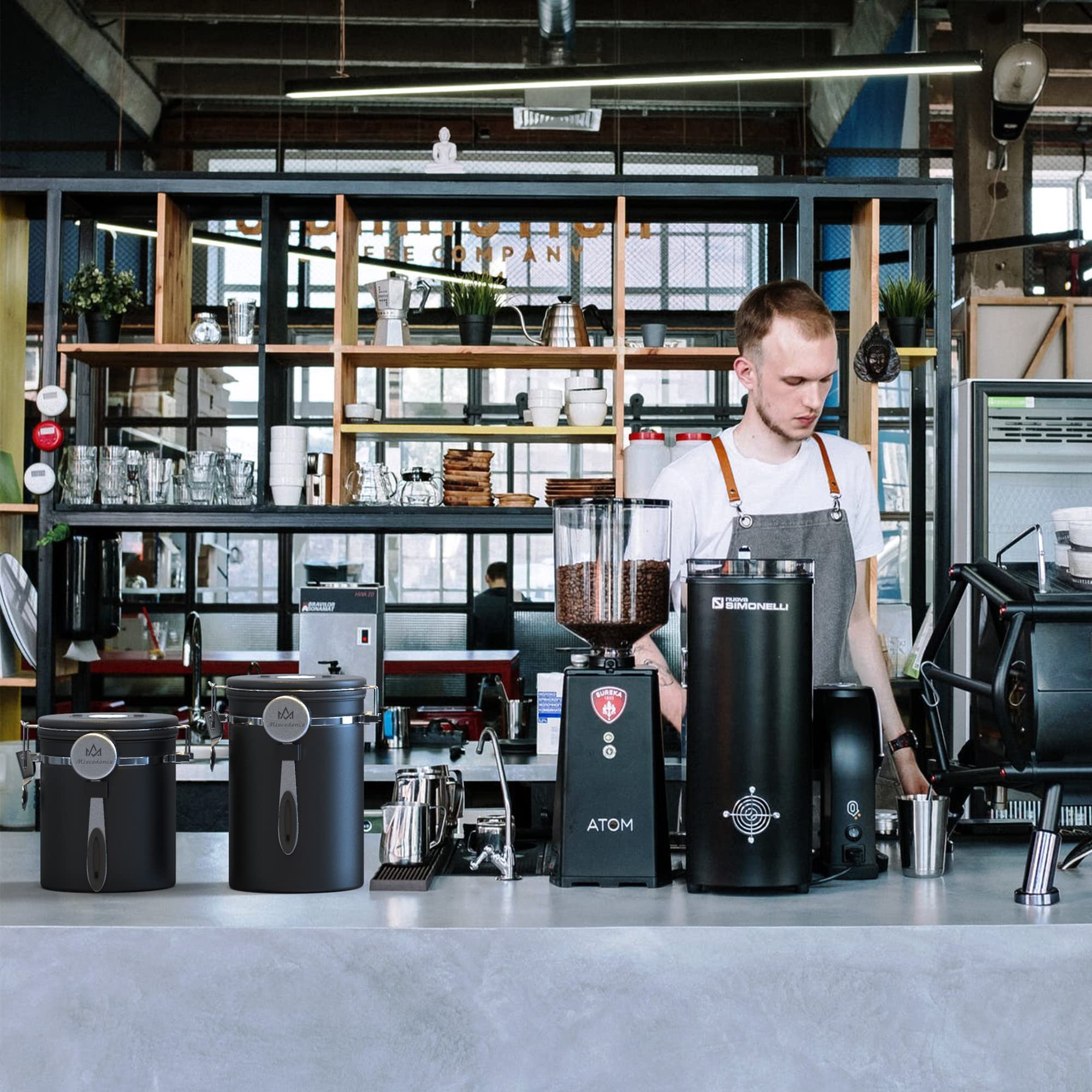 Miscedence canister stores coffee beans, grounds, and other pantry items securely.