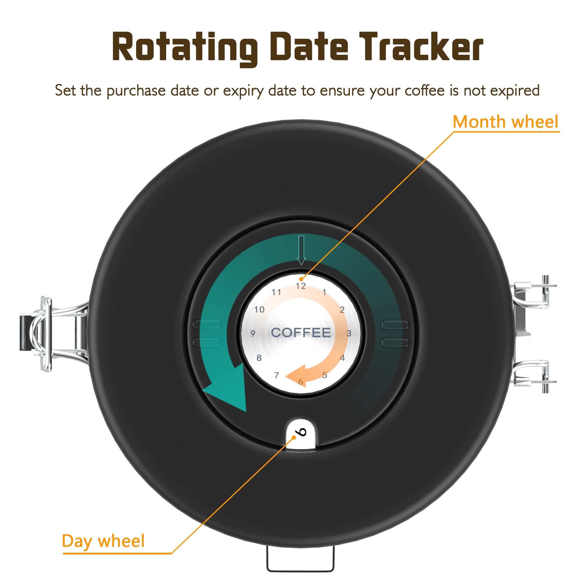 Miscedence coffee canister date wheel shows storage date for freshness.
