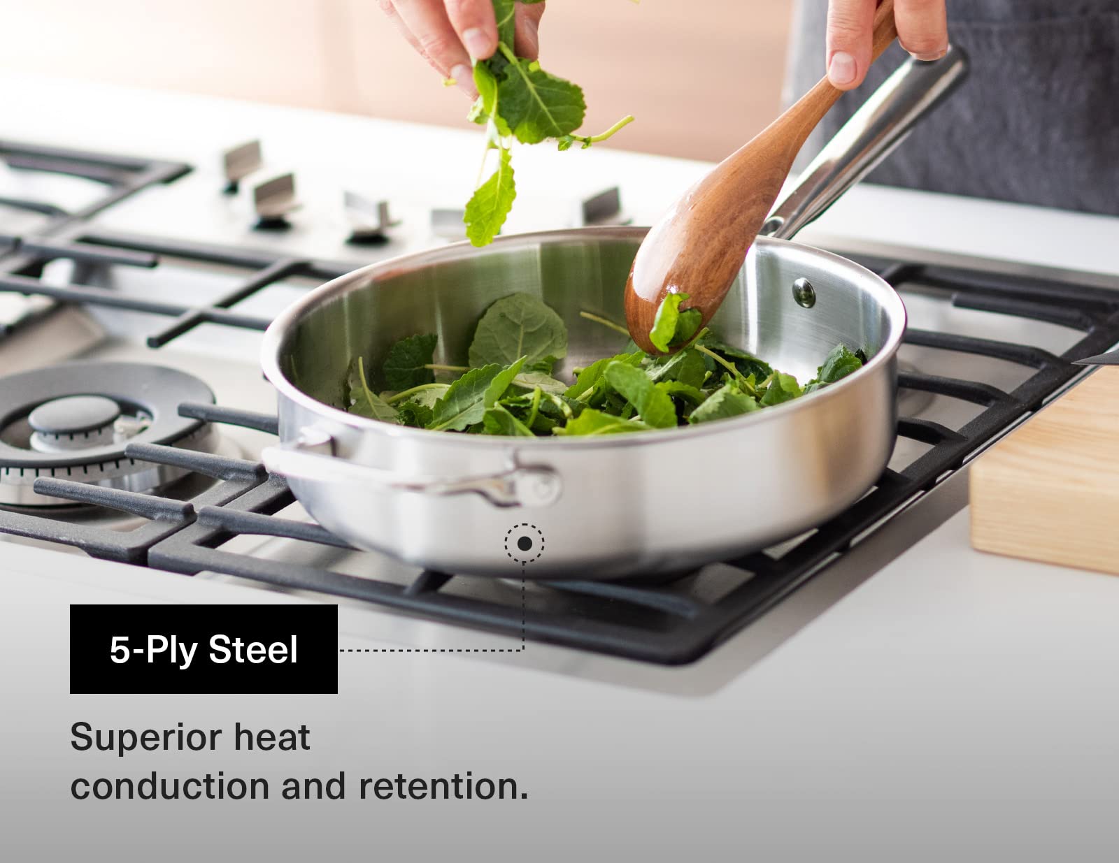 Misen 5-Ply sauté pan on stove, rapid heat response for browning