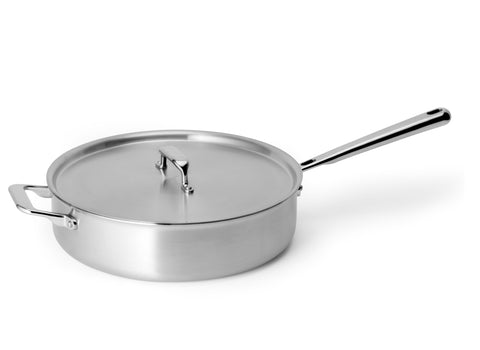 Misen 5-Ply sauté pan with lid, top view, even heat distribution for searing