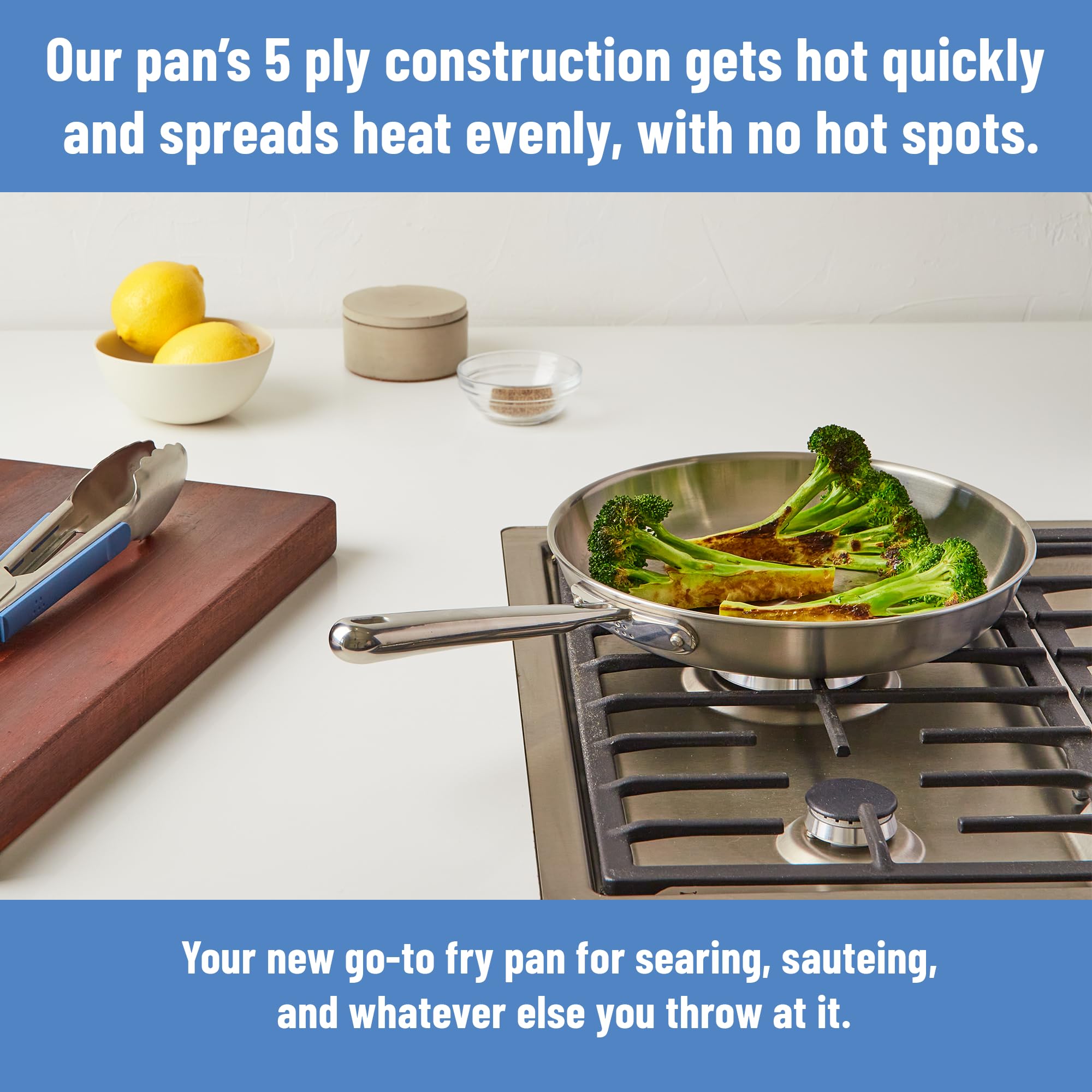Misen 5-Ply pan handle close-up shows stay-cool grip for safe searing.