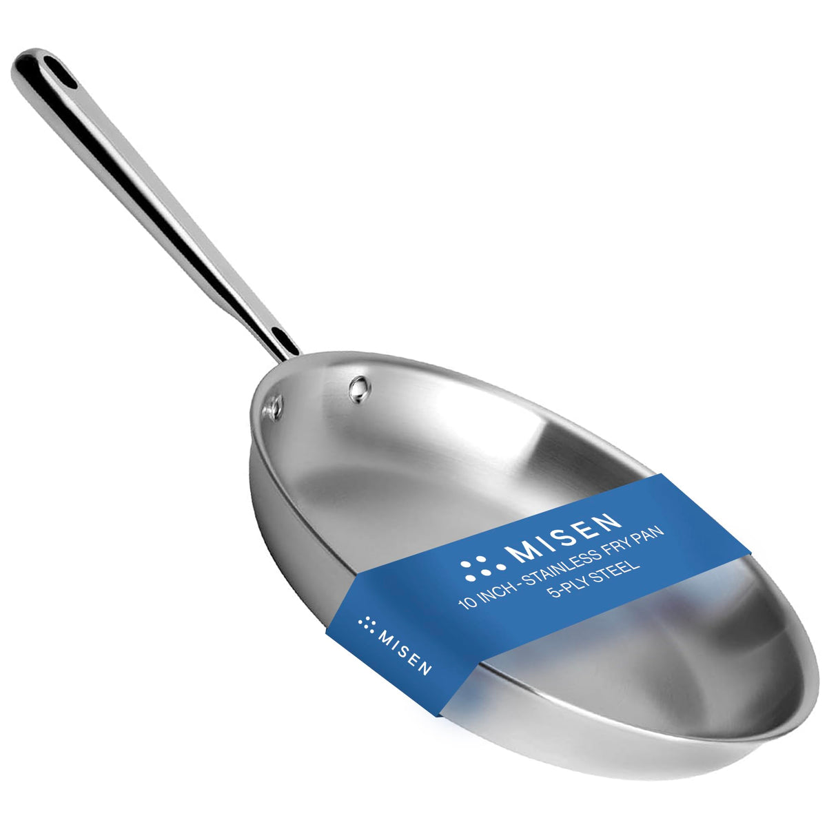 Misen 5-Ply 10-inch frying pan top view highlights spacious cooking surface for sautéing.