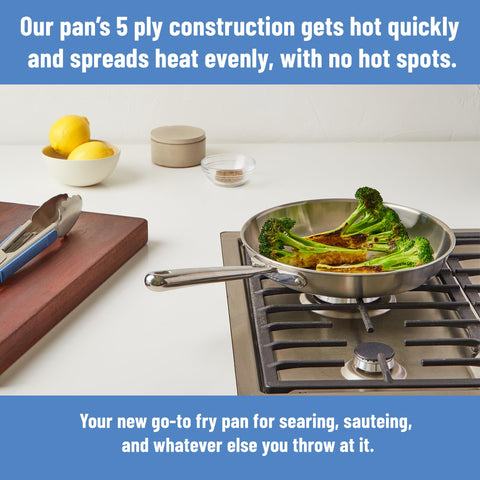 Close-up of Misen 5-Ply handle showing a stay-cool grip during high-heat cooking.