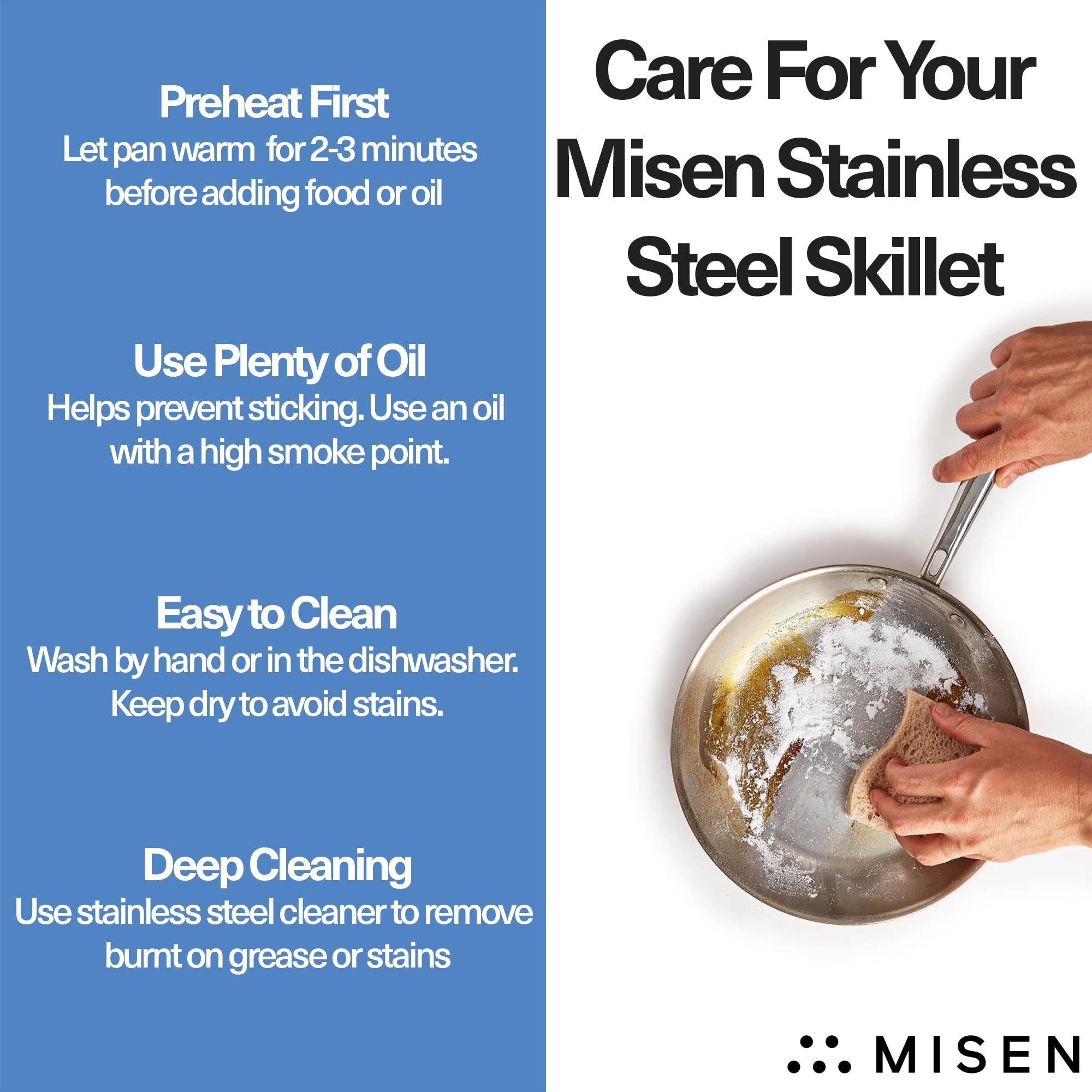 Misen 5-Ply stainless steel pan on a stove showing durable construction.
