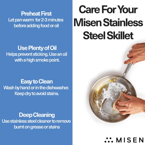 Misen 5-Ply stainless steel pan on a stove showing durable construction.