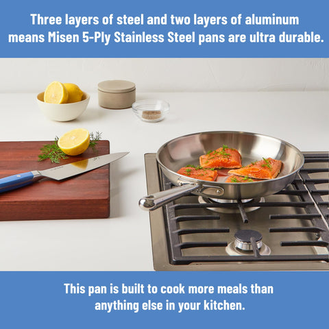Misen 5-Ply frying pan in-oven-safe photo emphasizes oven tolerance up to 800°F.