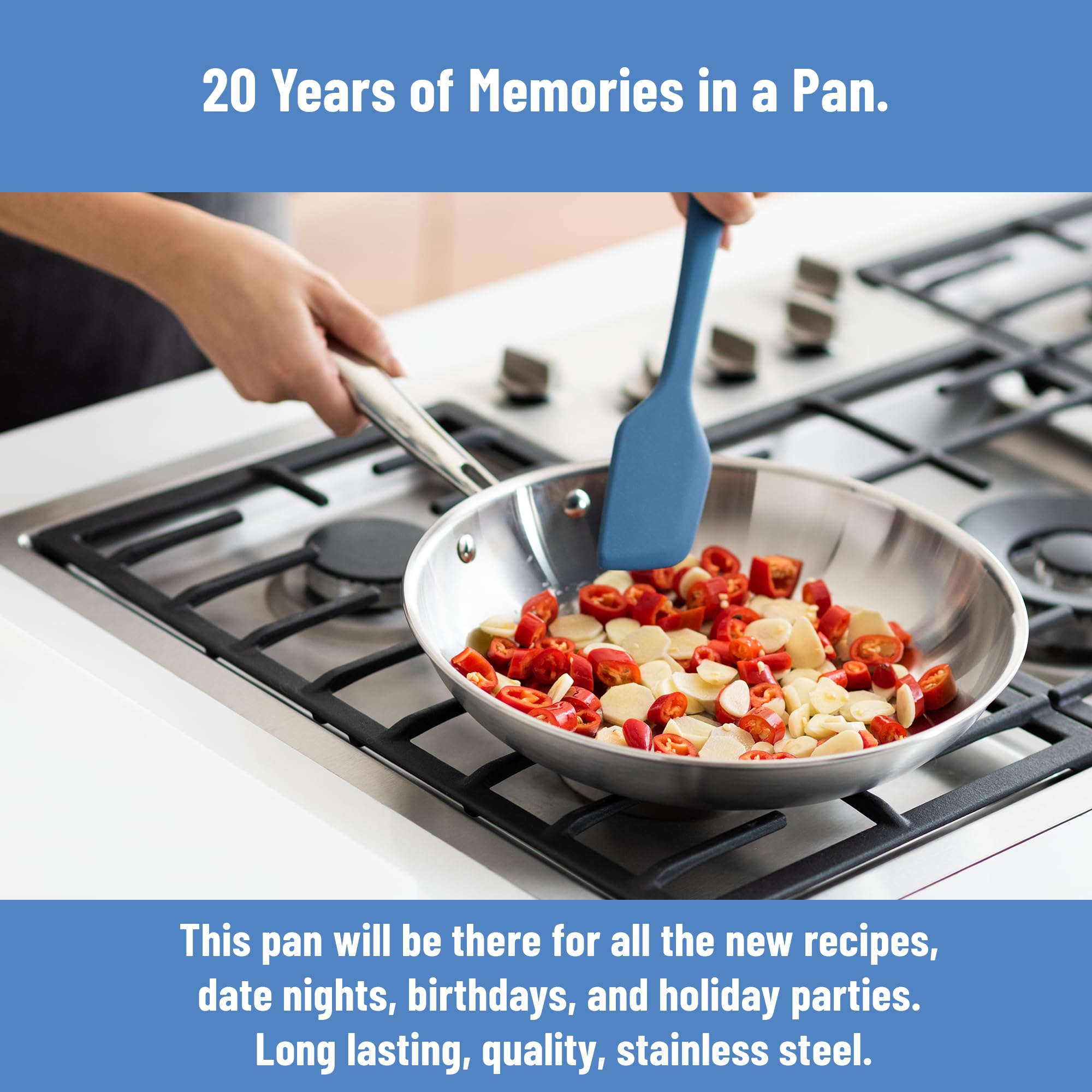 A roomy cooking surface on the Misen 5-Ply pan suitable for vegetables and proteins.