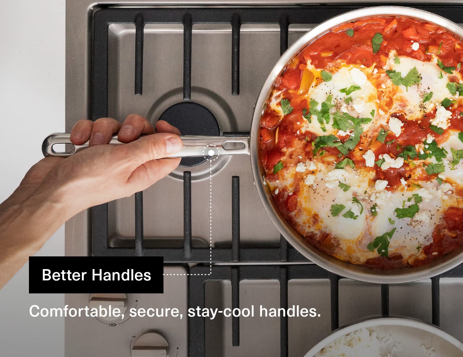 Misen 5-Ply stainless steel, oven safe, handle stays cool during cooking