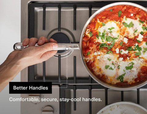 Misen 5-Ply stainless steel, oven safe, handle stays cool during cooking