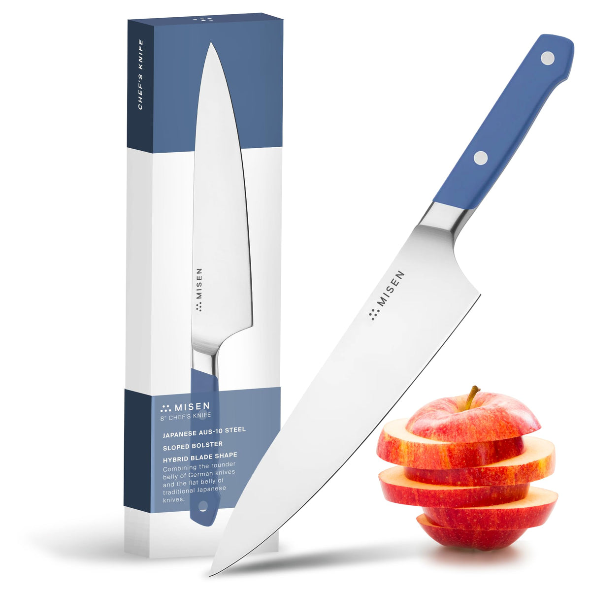 Misen 8-inch chef knife blade close-up highlighting AUS-10 steel for precise, sharp cuts.