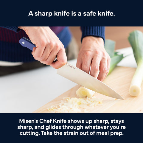 Misen 8-inch chef knife blade wide view shows balanced design for effortless control.
