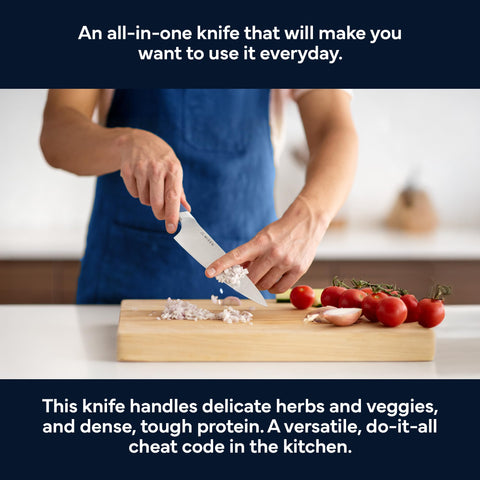 Misen 8-inch chef knife chopping onions scene for uniform cuts.