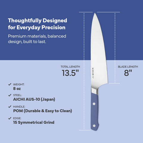 Misen 8-inch chef knife edge polish close-up emphasizes enduring sharpness at prep.