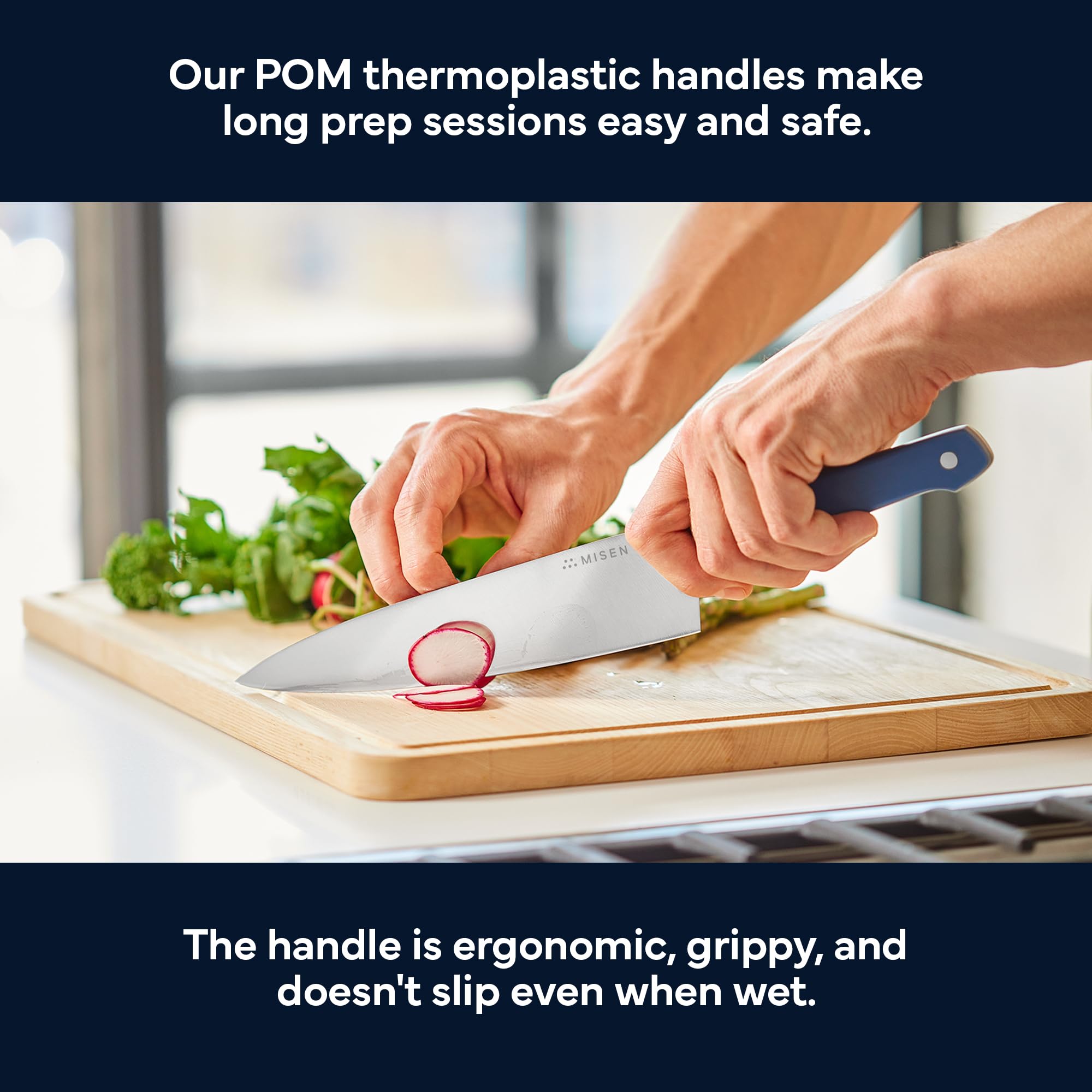 Misen 8-inch chef knife ergonomic handle close-up highlights slip-resistant POM grip.