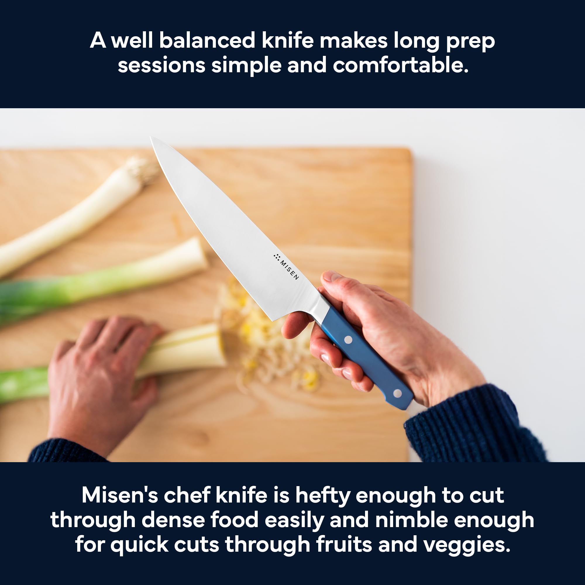 Misen 8-inch chef knife mincing herbs scene for precise quick prep.