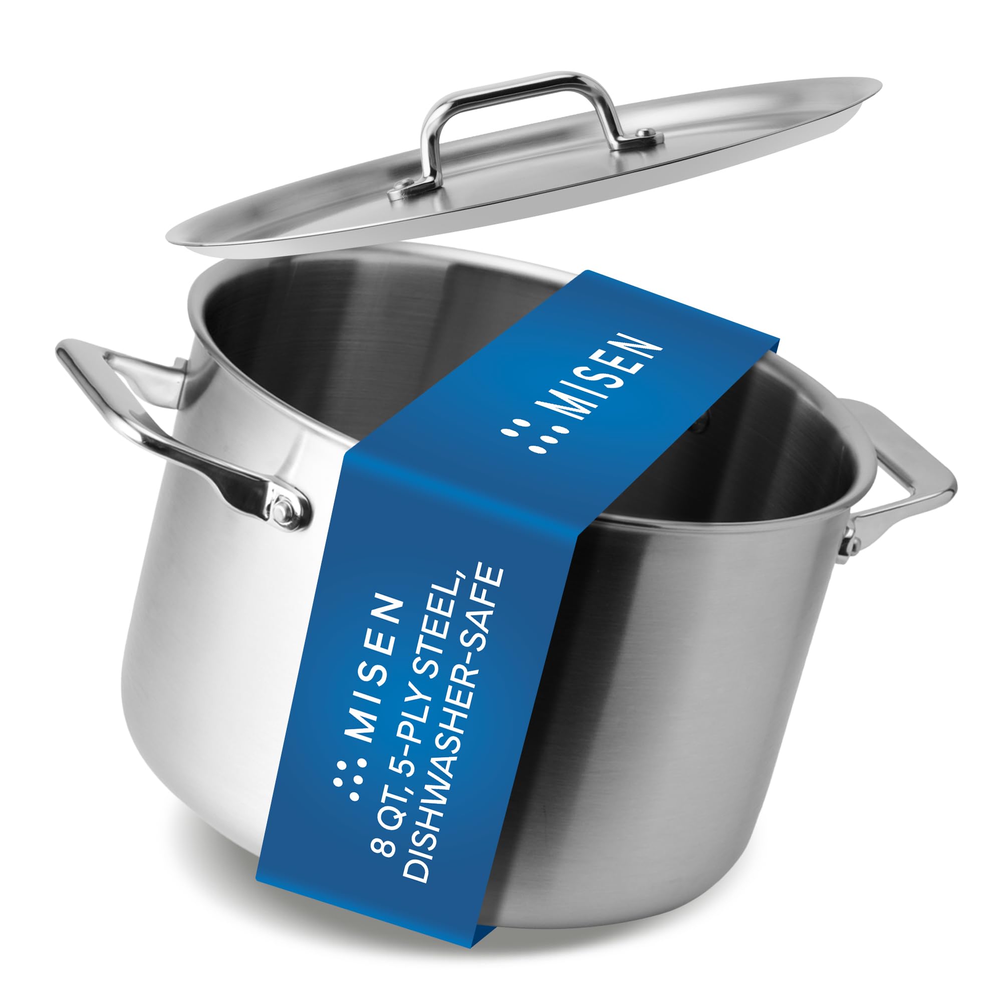 Misen 8 Qt stockpot with lid on, solid and durable for large-batch cooking