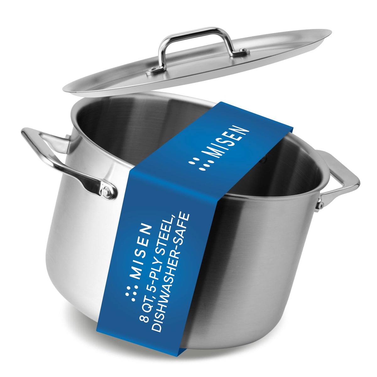 Misen 8 Qt stockpot with lid on, solid and durable for large-batch cooking