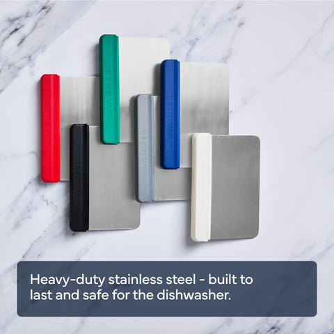 Misen bench scraper silicone handle dishwasher-safe for easy cleanup.