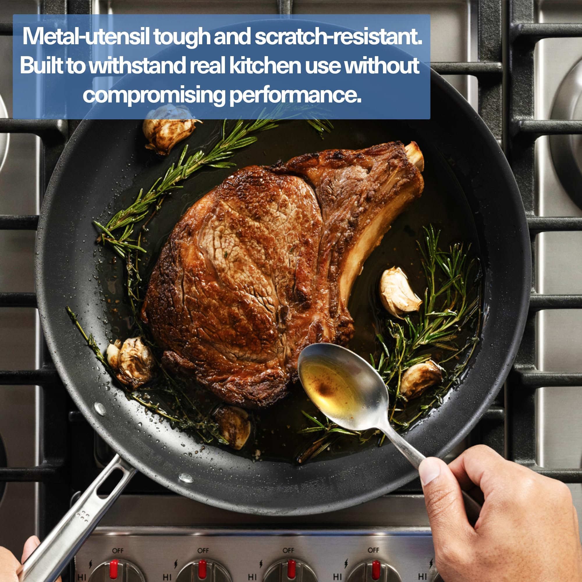 Misen Carbon Nonstick 12-Inch on gas stove, responsive heat for searing.
