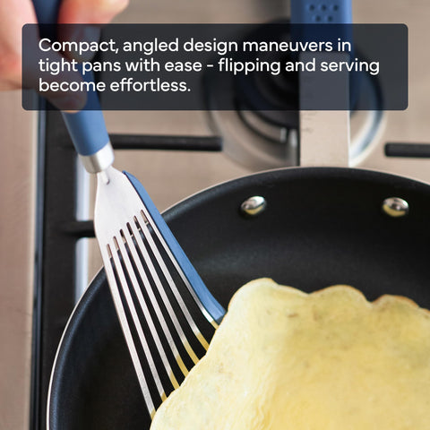 Misen fish spatula shows heat-resistant blade ready for high-temp cooking.