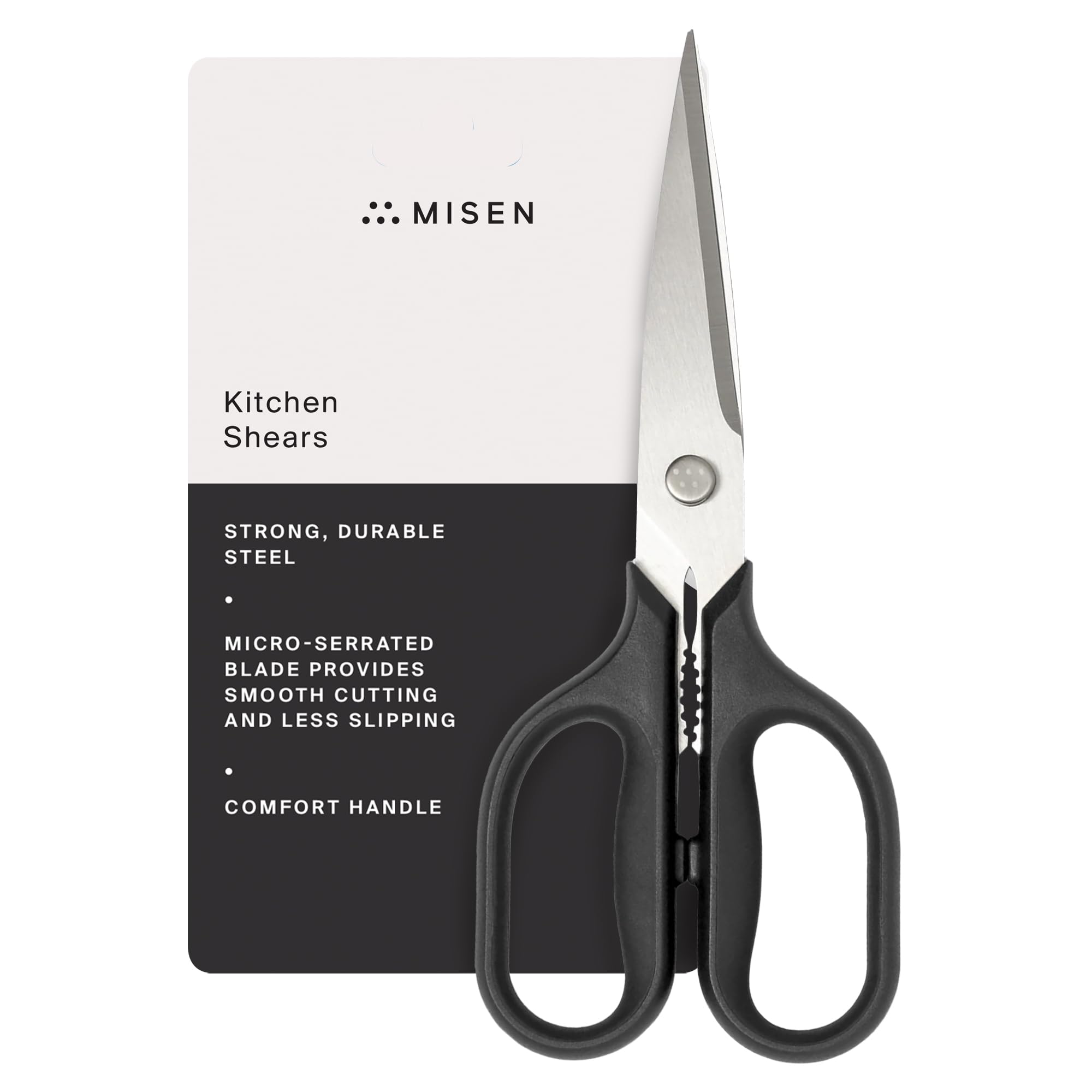 Misen heavy-duty kitchen shears blade close-up shows sharp precision blades for smooth cuts.