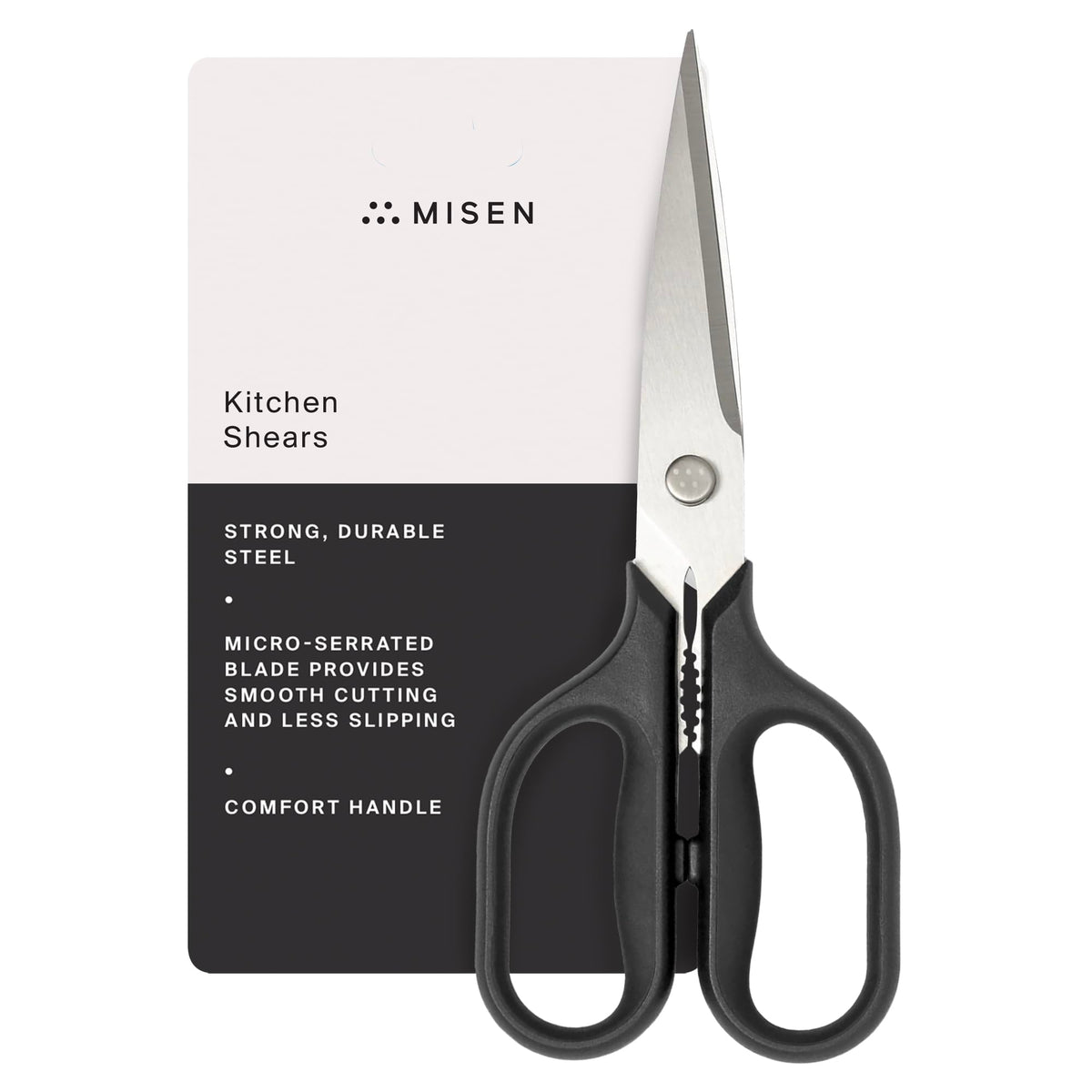 Misen heavy-duty kitchen shears blade close-up shows sharp precision blades for smooth cuts.
