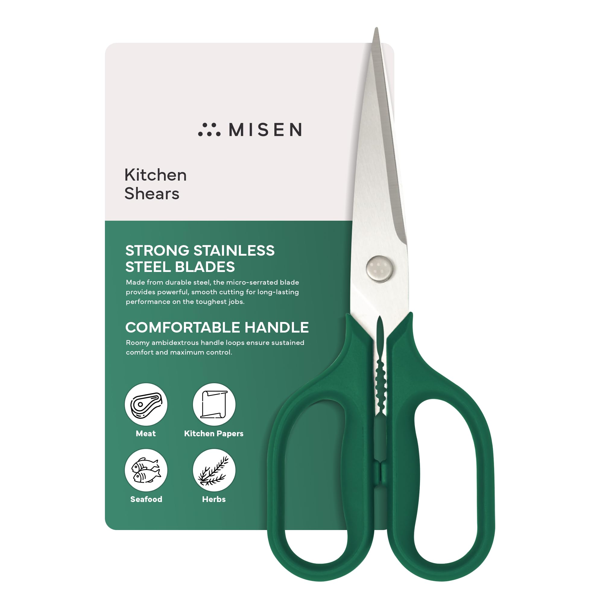 Misen heavy-duty kitchen shears blade close-up shows a micro-serrated edge for precise cuts.