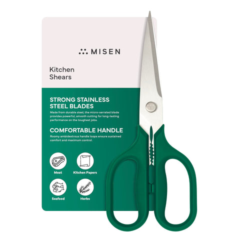 Misen heavy-duty kitchen shears blade close-up shows a micro-serrated edge for precise cuts.