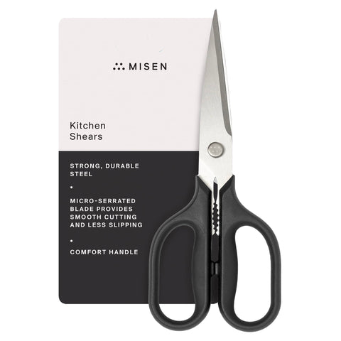 Misen heavy-duty kitchen shears blade close-up shows sharp precision blades for smooth cuts.