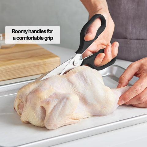 Misen heavy-duty kitchen shears slicing meat with pro-grade steel durability.