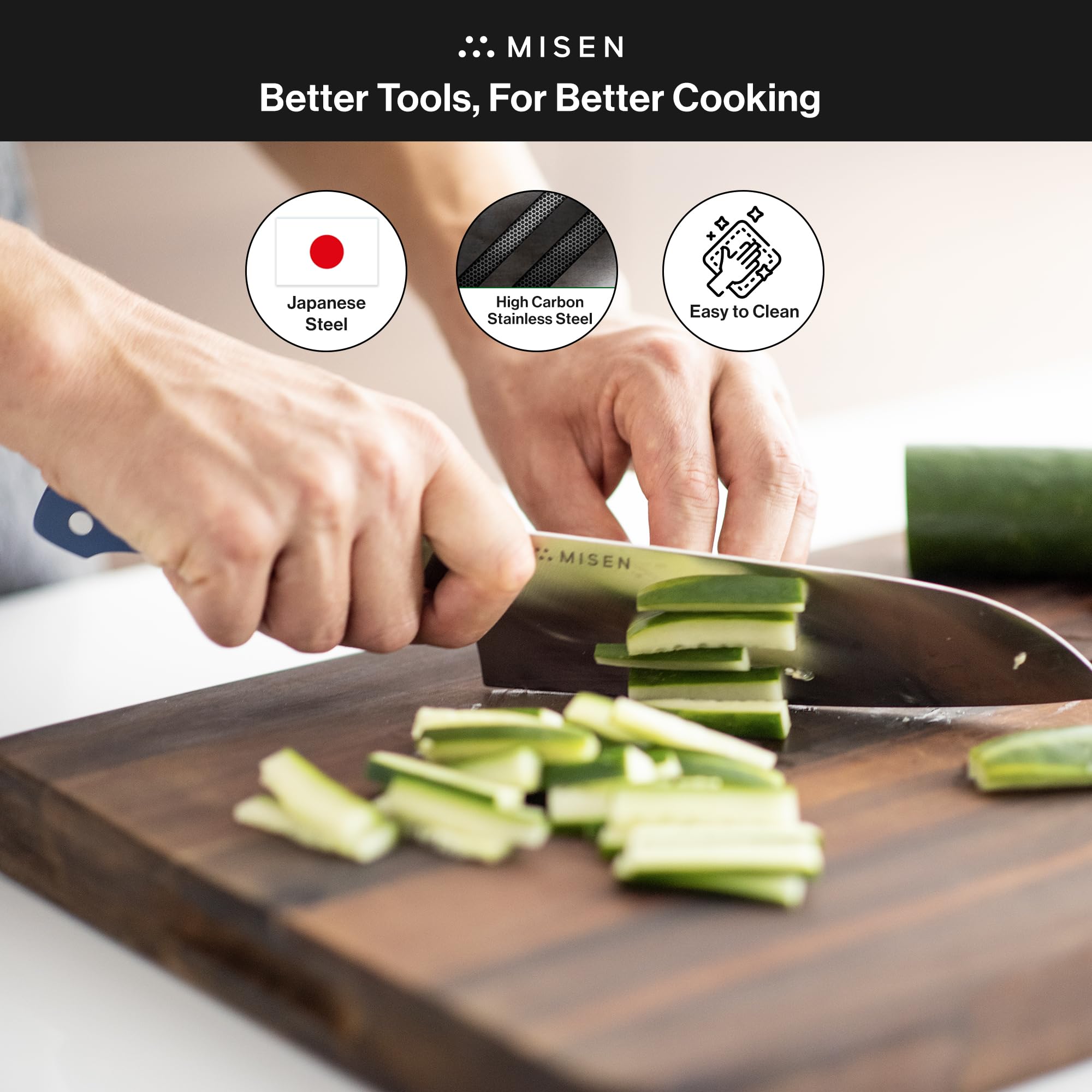 Misen Japanese-style Santoku in a kitchen setting for versatile chopping.