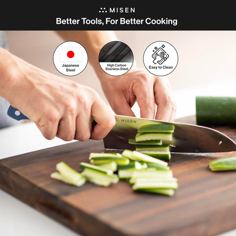 Misen Japanese-style Santoku in a kitchen setting for versatile chopping.