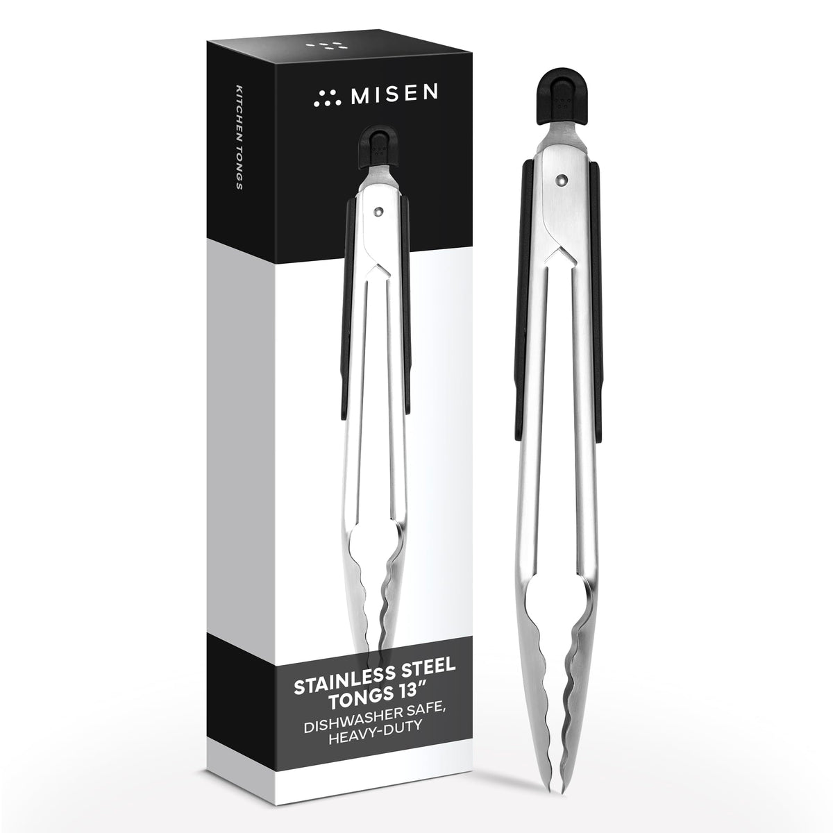 Misen 13-inch kitchen tongs with locking system for compact storage.