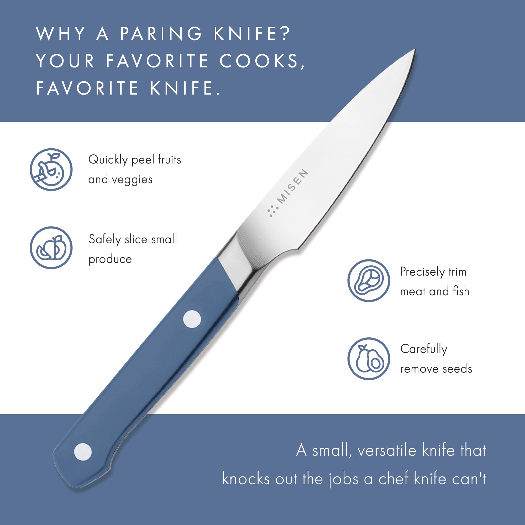 Misen paring knife with blue finish for comfortable control during prep