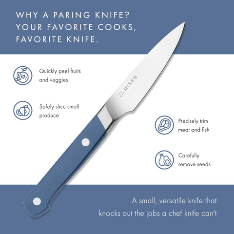 Misen paring knife with blue finish for comfortable control during prep