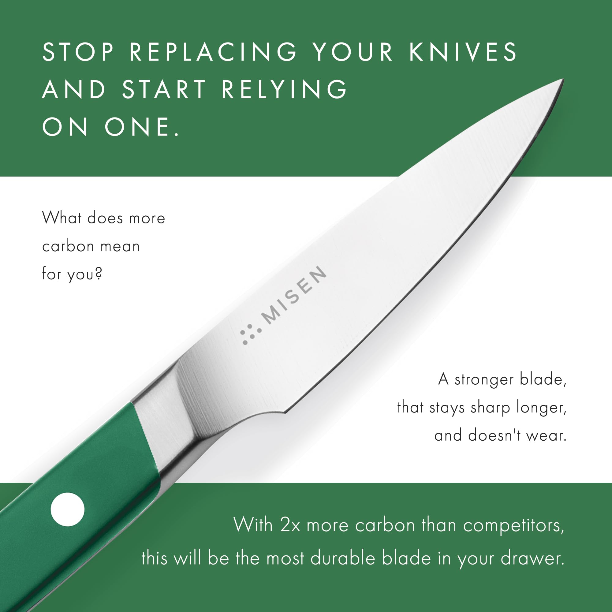 Misen paring knife with green ergonomic handle for comfortable control.