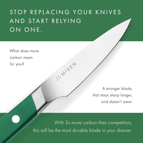 Misen paring knife with green ergonomic handle for comfortable control.
