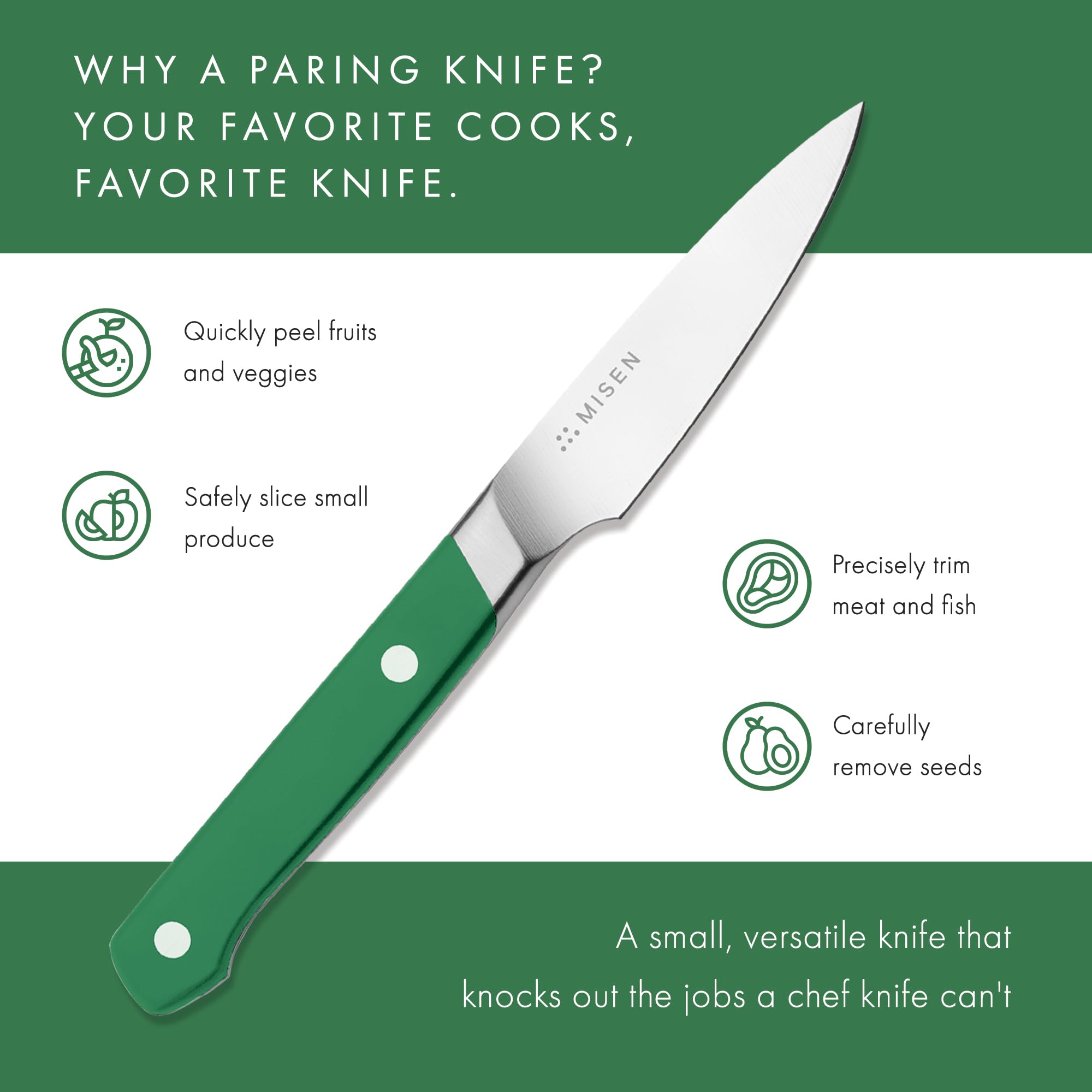 Misen paring knife shown in retail packaging.