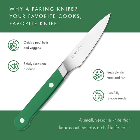 Misen paring knife shown in retail packaging.