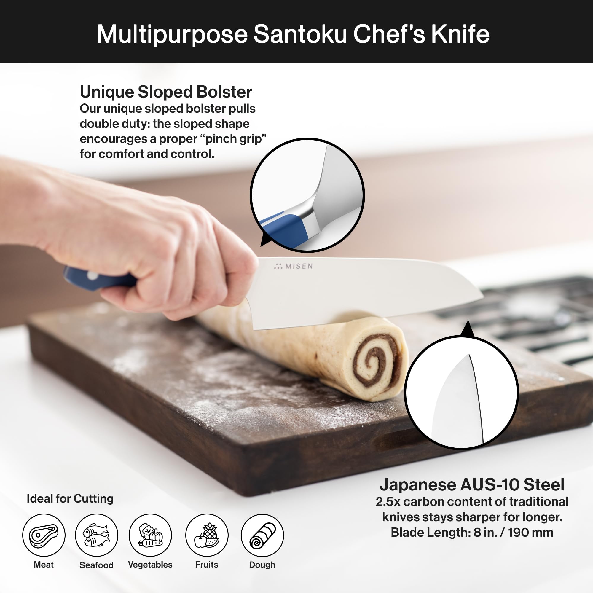 Misen 15-degree edge angle shown for effortless slicing and control.