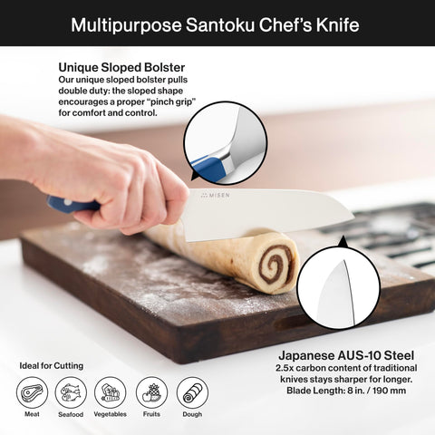 Misen 15-degree edge angle shown for effortless slicing and control.